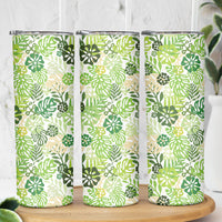 Green Aloha Hawaiian Skinny Tumbler Monstera Hibiscus Tropical Pattern