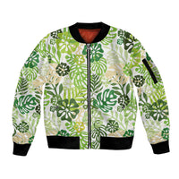Green Aloha Hawaiian Sleeve Zip Bomber Jacket Monstera Hibiscus Tropical Pattern