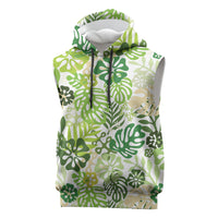 Green Aloha Hawaiian Sleeveless Hoodie Monstera Hibiscus Tropical Pattern