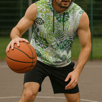 Green Aloha Hawaiian Sleeveless Hoodie Monstera Hibiscus Tropical Pattern