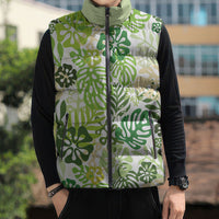Green Aloha Hawaiian Sleeveless Puffer Jacket Monstera Hibiscus Tropical Pattern