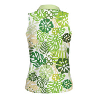 Green Aloha Hawaiian Women Sleeveless Polo Shirt Monstera Hibiscus Tropical Pattern