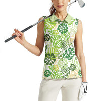 Green Aloha Hawaiian Women Sleeveless Polo Shirt Monstera Hibiscus Tropical Pattern