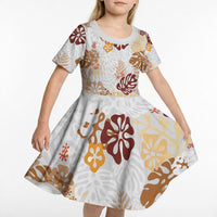 Brown Aloha Hawaiian Kid Short Sleeve Dress Monstera Hibiscus Tropical Pattern