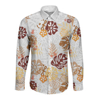 Brown Aloha Hawaiian Long Sleeve Button Shirt Monstera Hibiscus Tropical Pattern