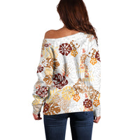 Brown Aloha Hawaiian Off Shoulder Sweater Monstera Hibiscus Tropical Pattern