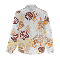 Brown Aloha Hawaiian Women Casual Shirt Monstera Hibiscus Tropical Pattern