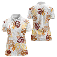 Brown Aloha Hawaiian Women Polo Shirt Monstera Hibiscus Tropical Pattern
