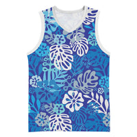 Blue Aloha Hawaiian Basketball Jersey Monstera Hibiscus Tropical Pattern