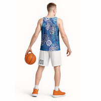 Blue Aloha Hawaiian Basketball Jersey Monstera Hibiscus Tropical Pattern