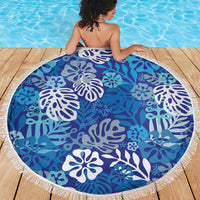 Blue Aloha Hawaiian Beach Blanket Monstera Hibiscus Tropical Pattern