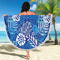 Blue Aloha Hawaiian Beach Blanket Monstera Hibiscus Tropical Pattern