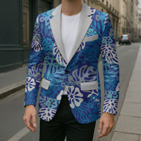 Blue Aloha Hawaiian Blazer Monstera Hibiscus Tropical Pattern