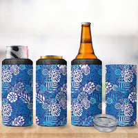 Blue Aloha Hawaiian 4 in 1 Can Cooler Tumbler Monstera Hibiscus Tropical Pattern