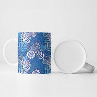 Blue Aloha Hawaiian Ceramic Mug Monstera Hibiscus Tropical Pattern