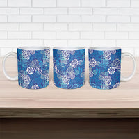 Blue Aloha Hawaiian Ceramic Mug Monstera Hibiscus Tropical Pattern