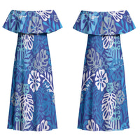 Blue Aloha Hawaiian Couples Matching Off Shoulder Maxi Dress and Hawaiian Shirt Monstera Hibiscus Tropical Pattern