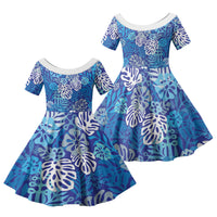 Blue Aloha Hawaiian Family Matching Off Shoulder Maxi Dress and Hawaiian Shirt Monstera Hibiscus Tropical Pattern