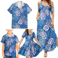 Blue Aloha Hawaiian Family Matching Summer Maxi Dress and Hawaiian Shirt Monstera Hibiscus Tropical Pattern