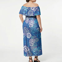 Blue Aloha Hawaiian Off Shoulder Maxi Dress Monstera Hibiscus Tropical Pattern