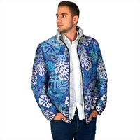 Blue Aloha Hawaiian Padded Jacket Monstera Hibiscus Tropical Pattern