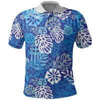 Blue Aloha Hawaiian Polo Shirt Monstera Hibiscus Tropical Pattern