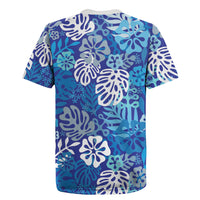 Blue Aloha Hawaiian Rugby Jersey Monstera Hibiscus Tropical Pattern