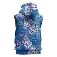 Blue Aloha Hawaiian Sleeveless Zip Hoodie Monstera Hibiscus Tropical Pattern