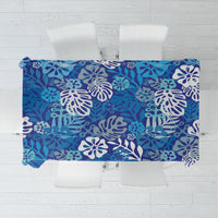 Blue Aloha Hawaiian Tablecloth Monstera Hibiscus Tropical Pattern