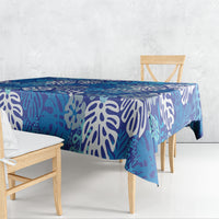 Blue Aloha Hawaiian Tablecloth Monstera Hibiscus Tropical Pattern