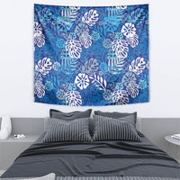Blue Aloha Hawaiian Tapestry Monstera Hibiscus Tropical Pattern