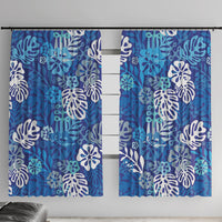 Blue Aloha Hawaiian Window Curtain Monstera Hibiscus Tropical Pattern