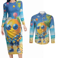 Funny Hawaii Mango Couples Matching Long Sleeve Bodycon Dress and Long Sleeve Button Shirt Tropical Summer Beach Mascot Vacation