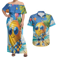 Funny Hawaii Mango Couples Matching Off Shoulder Maxi Dress and Hawaiian Shirt Tropical Summer Beach Mascot Vacation