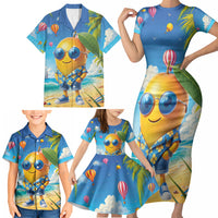 Funny Hawaii Mango Family Matching Short Sleeve Bodycon Dress and Hawaiian Shirt Tropical Summer Beach Mascot Vacation