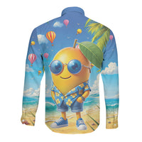 Funny Hawaii Mango Long Sleeve Button Shirt Tropical Summer Beach Mascot Vacation
