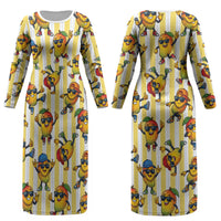 Funny Hawaii Mango Hip Hop Cartoon Couples Matching Long Sleeve Bodycon Dress and Hawaiian Shirt Summer Beach Party