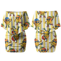 Funny Hawaii Mango Hip Hop Cartoon Couples Matching Off Shoulder Short Dress and Long Sleeve Button Shirt Summer Beach Party