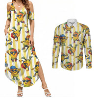Funny Hawaii Mango Hip Hop Cartoon Couples Matching Summer Maxi Dress and Long Sleeve Button Shirt Summer Beach Party