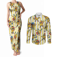 Funny Hawaii Mango Hip Hop Cartoon Couples Matching Tank Maxi Dress and Long Sleeve Button Shirt Summer Beach Party