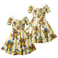 Funny Hawaii Mango Hip Hop Cartoon Family Matching Off Shoulder Maxi Dress and Hawaiian Shirt Summer Beach Party