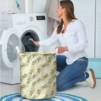 Hawaiian Pikake Maile Lei Laundry Basket Tiare Hibiscus Kalo Palapalai Leaf Beige