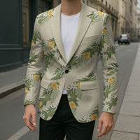 Hawaiian Pikake Maile Lei Blazer Tiare Hibiscus Kalo Palapalai Leaf Beige