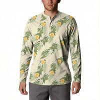Hawaiian Pikake Maile Lei Button Sweatshirt Tiare Hibiscus Kalo Palapalai Leaf Beige