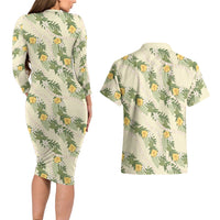 Hawaiian Pikake Maile Lei Couples Matching Long Sleeve Bodycon Dress and Hawaiian Shirt Tiare Hibiscus Kalo Palapalai Leaf Beige LT19 - Polynesian Pride