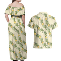 Hawaiian Pikake Maile Lei Couples Matching Off Shoulder Maxi Dress and Hawaiian Shirt Tiare Hibiscus Kalo Palapalai Leaf Beige LT19 - Polynesian Pride