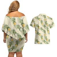 Hawaiian Pikake Maile Lei Couples Matching Off Shoulder Short Dress and Hawaiian Shirt Tiare Hibiscus Kalo Palapalai Leaf Beige LT19 - Polynesian Pride