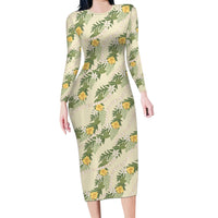 Hawaiian Pikake Maile Lei Family Matching Long Sleeve Bodycon Dress and Hawaiian Shirt Tiare Hibiscus Kalo Palapalai Leaf Beige LT19 Mom's Dress Beige - Polynesian Pride