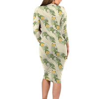Hawaiian Pikake Maile Lei Family Matching Long Sleeve Bodycon Dress and Hawaiian Shirt Tiare Hibiscus Kalo Palapalai Leaf Beige LT19 - Polynesian Pride