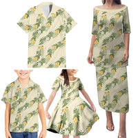 Hawaiian Pikake Maile Lei Family Matching Puletasi and Hawaiian Shirt Tiare Hibiscus Kalo Palapalai Leaf Beige LT19 - Polynesian Pride